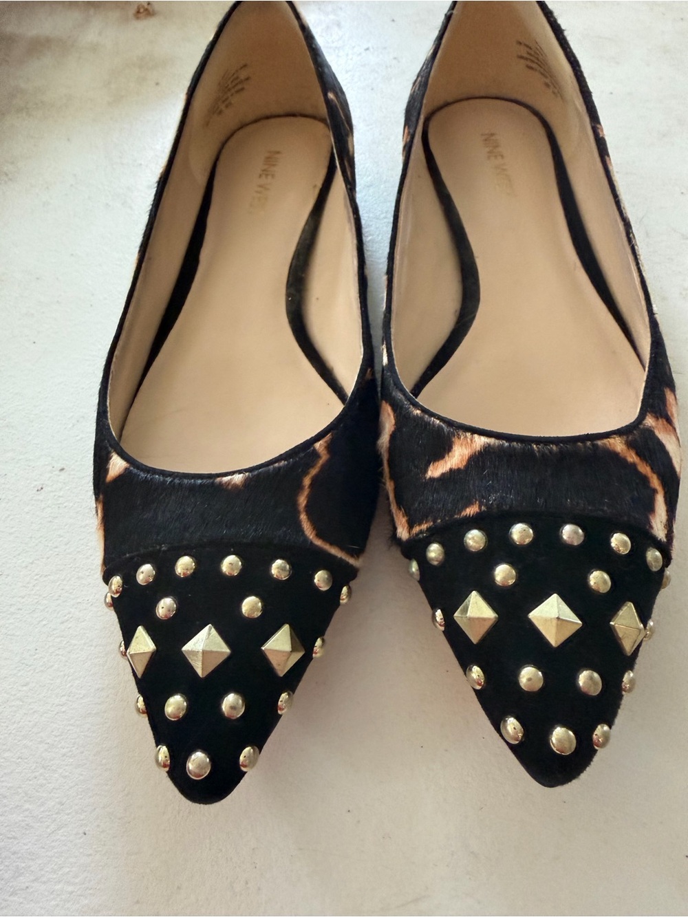 Studded Leopard Print Pointed Toe Flats - Black/Tan